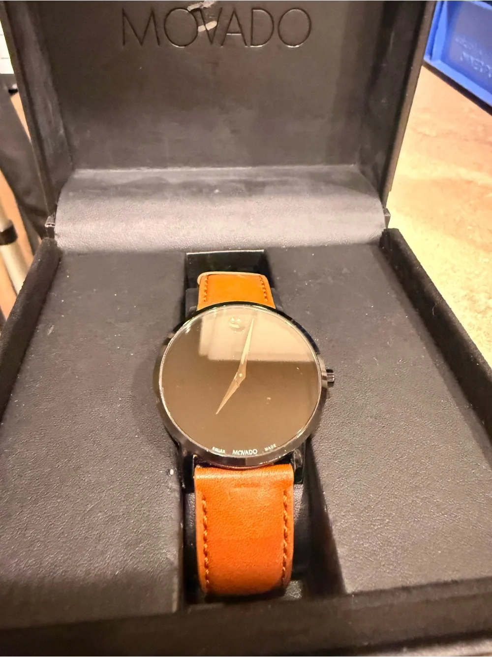 Movado Black Dial Watch with Tan Leather Strap